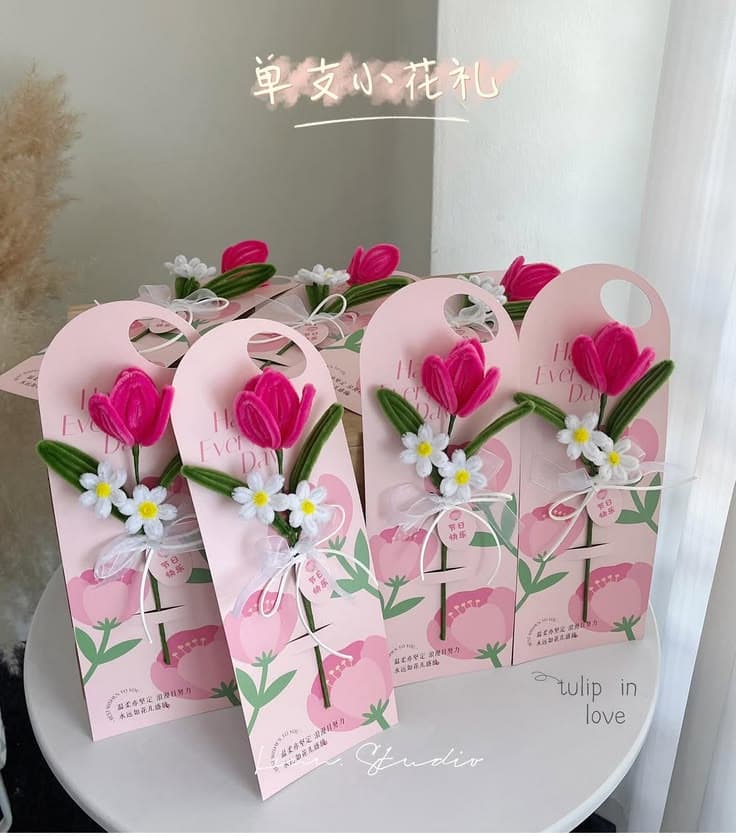 Pink tulip mini bouquets on printed greeting cards
